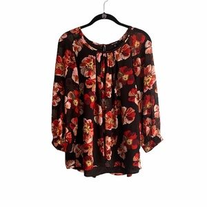 Madewell Tie Back Bubble Sleeve Floral Top Size Medium Red Black and White